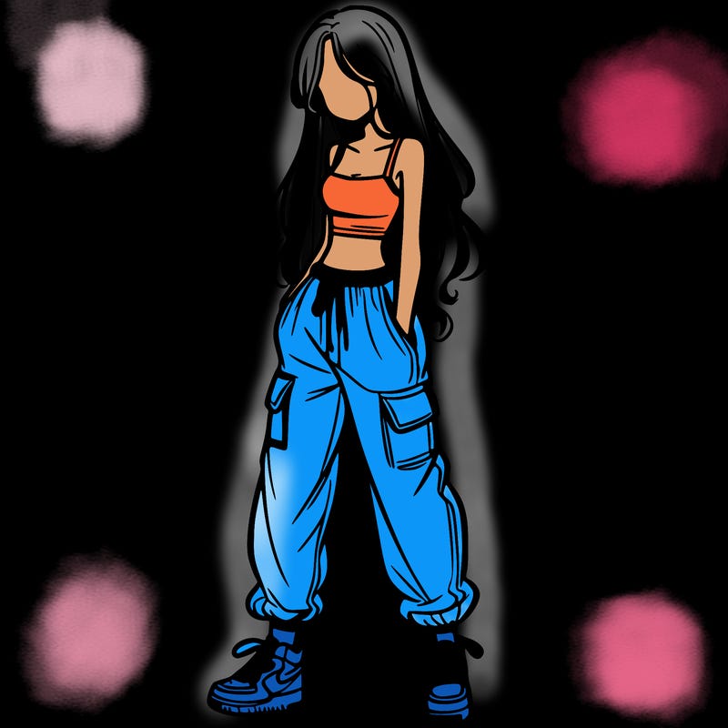 girl in baggy pants crop top and long hair
