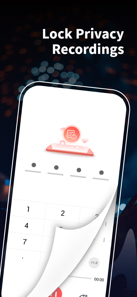 Voice Recorder + Voice Memos - Interfaz de una aplicación móvil mostrando una pantalla de bloqueo de código de acceso para proteger grabaciones de voz privadas.