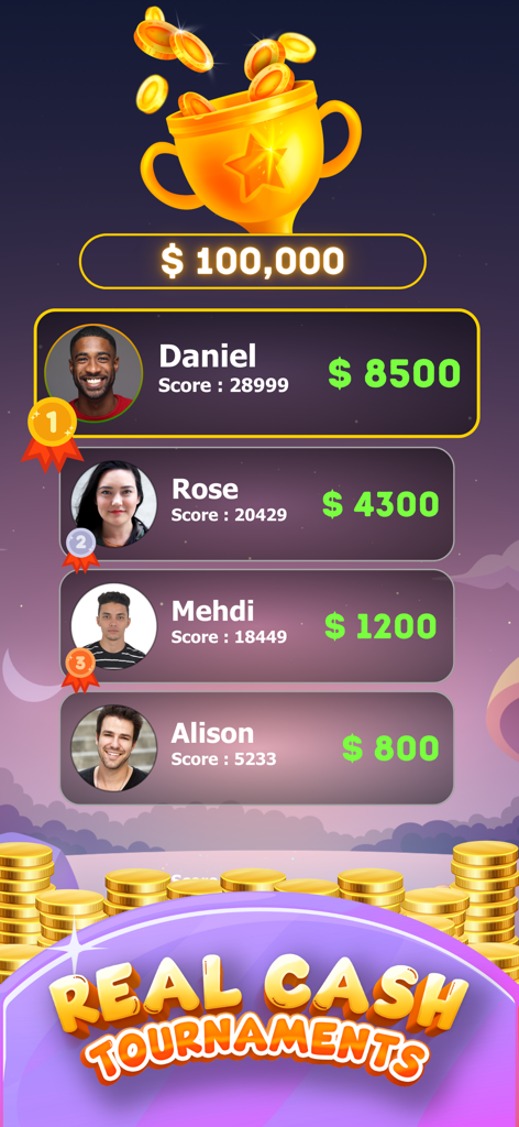 Crossword Cash Earn Word Games - Leaderboard display for crossword cash tournaments with player rankings and prizes