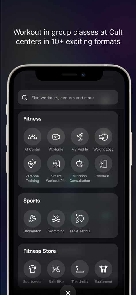 Interface of the cult fit app showing categories for fitness sports and an online fitness store