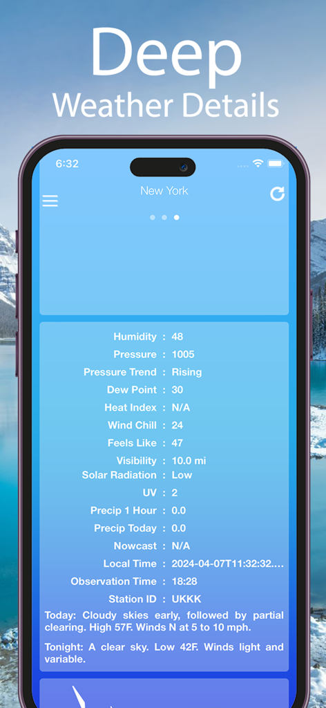 Weather Forecast ٞ - Interface do aplicativo de clima mostrando dados meteorológicos detalhados, incluindo umidade, pressão e ponto de orvalho para Nova York.