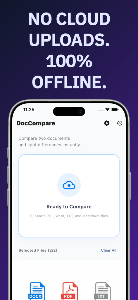 DocCompare: PDF & Word Diff - DocCompare app screen showing offline document comparison for PDF Word and TXT files