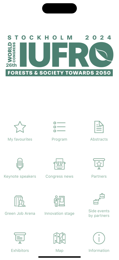 Invajo Conference & Events - IUFRO Stockholm 2024会議イベントのメインメニュー。プログラムマップと基調講演者のアイコンが表示されています。