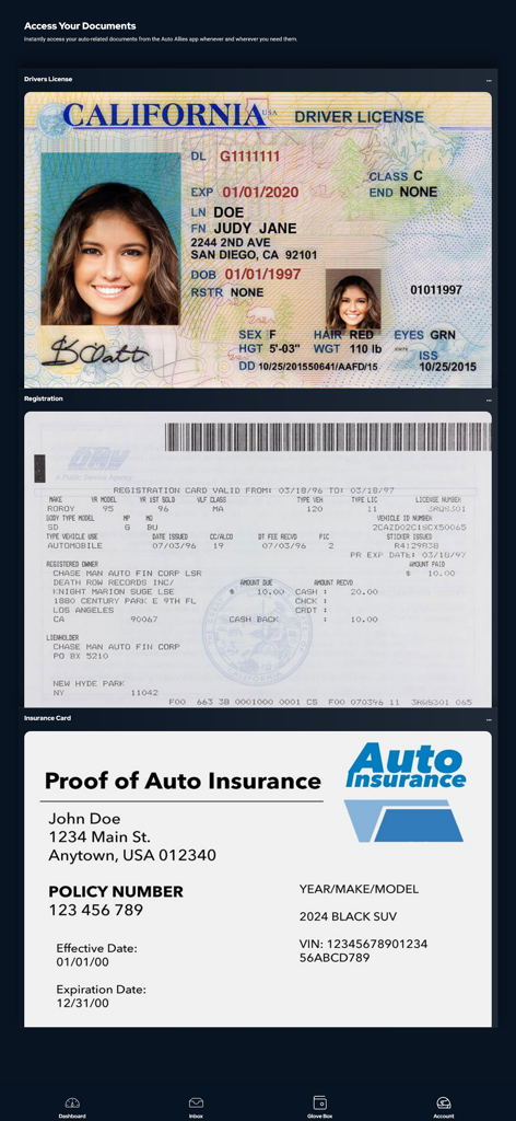 Auto Allies - Auto Allies app screen showing digital versions of a driver license vehicle registration and proof of insurance