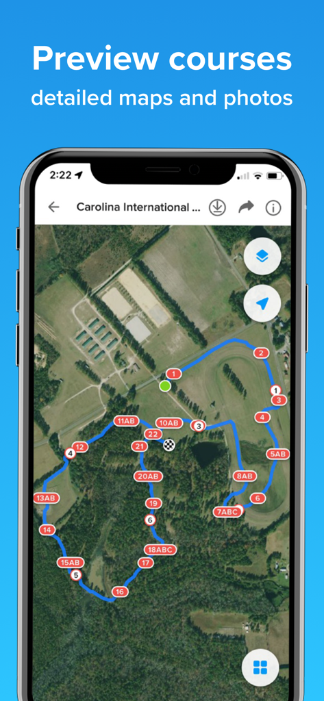 CrossCountry 2 - Detailed satellite map of an equestrian cross-country course with jump markers in the CrossCountry 2 app