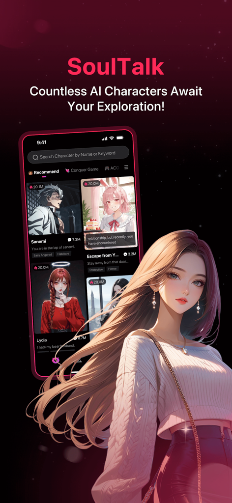SoulTalk app interface showing various anime AI characters for chat and roleplay