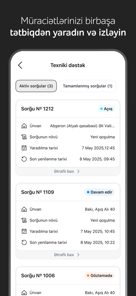 CityNet - Interfaz de la aplicación CityNet mostrando una lista de solicitudes de soporte técnico y sus estados.