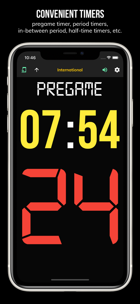 BT Basketball Shotclock - BT Basketball Shotclock app interface showing a pregame countdown timer and 24 second shot clock