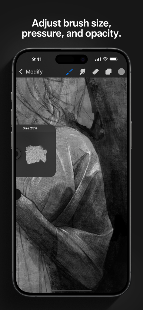 Interface de Procreate Pocket affichant la taille du pinceau et les réglages de pression pour le dessin numérique sur iPhone