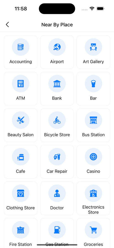 GPS Navigation, Map Direction - Écran affichant des icônes pour des catégories locales comme les stations-service et les services bancaires