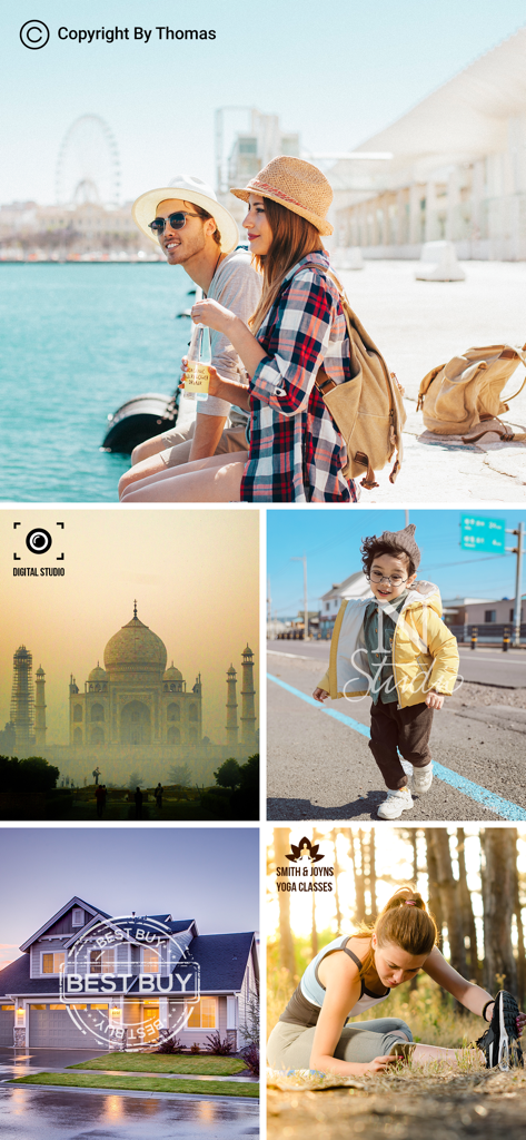 Add Logo Watermark on Photos - A collage showing various types of logo and text watermarks applied to different professional and personal images