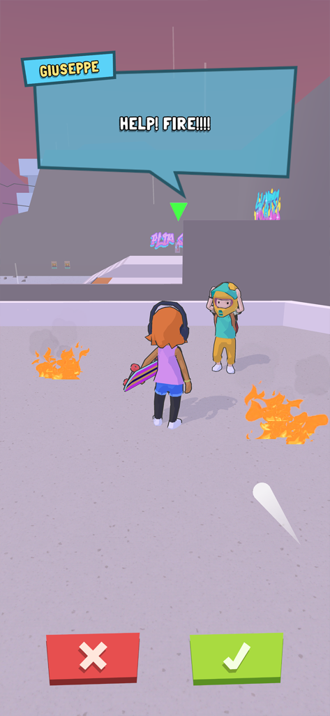 Perfect Grind - Um personagem em Perfect Grind pedindo ajuda com fogo por perto e botões de aceitação de missão.