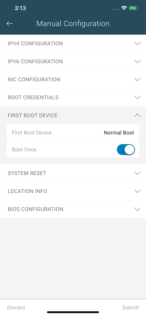 OpenManage Mobile - Manual Configuration screen in OpenManage Mobile app displaying options for network, boot device, and BIOS settings for server management.