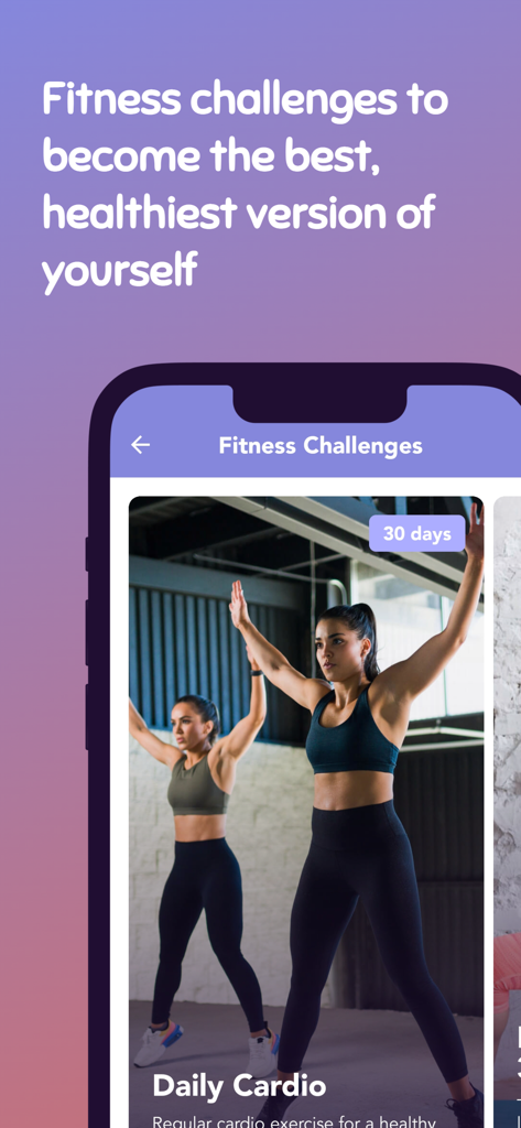 Mini Band Exercises - A mobile app interface displaying a 30-day daily cardio fitness challenge with two women exercising in a gym.