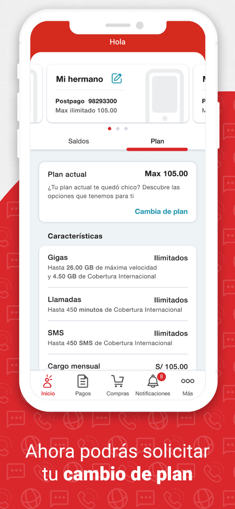 Mi Claro Perú - Interfaz de la aplicación Mi Claro Peru que muestra los detalles del plan móvil y la opción de cambiar de plan