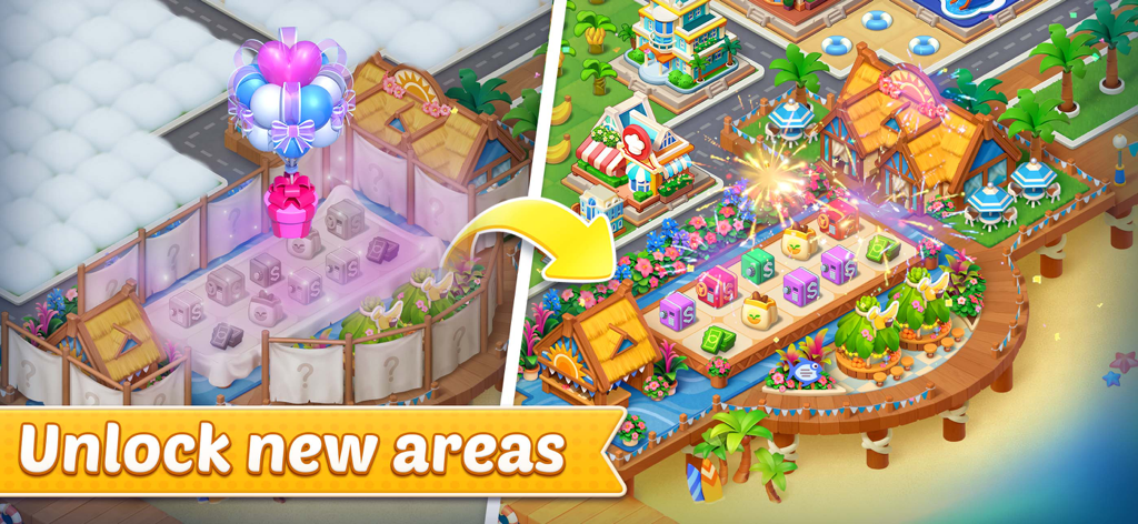 A split screen showing a seaside resort area being unlocked in Seaside Hearts merge game