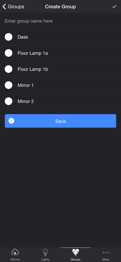Tela do aplicativo Thunderstorm para LIFX para criar um grupo de luzes, incluindo luminárias de mesa e de chão