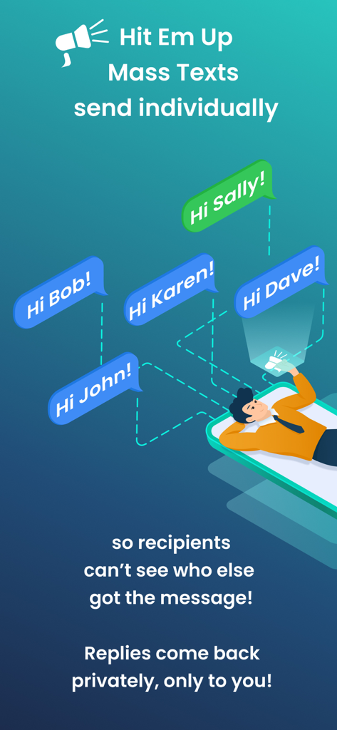 Hit Em Up: Mass Text Bulk SMS - An illustration showing how the Hit Em Up app sends mass texts to multiple recipients as individual private messages.