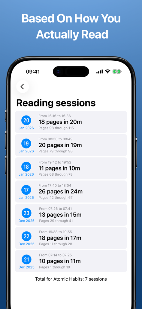 Un'interfaccia mobile che mostra un registro cronologico delle sessioni di lettura con pagine lette e tempo trascorso per sessione.