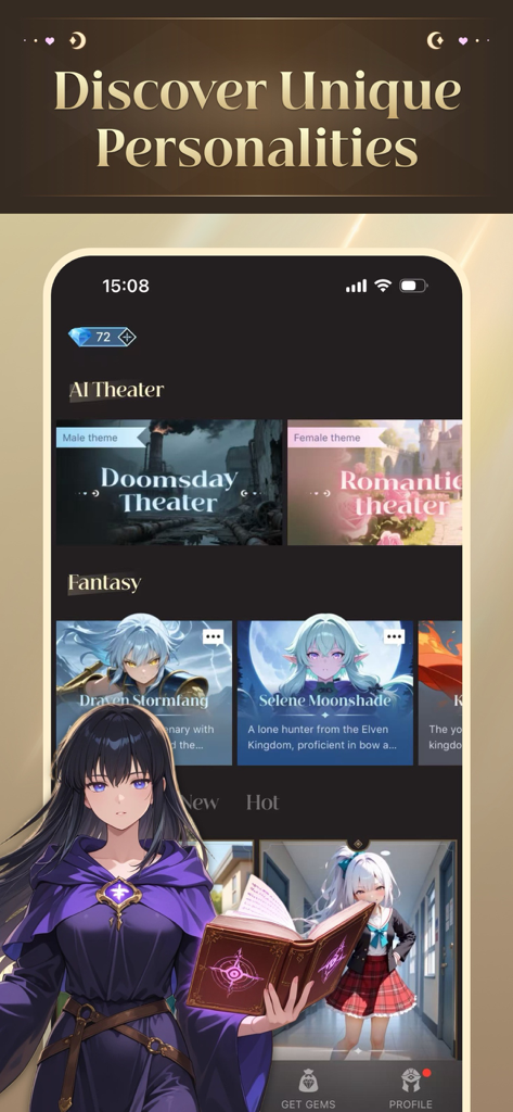 Kuki - Best AI Companion - Mobile app interface of Kuki AI Companion showing various anime style characters and roleplay story themes