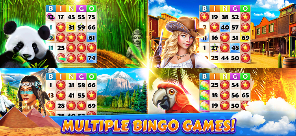 Bingo Cruise™ Live Casino Game - Collage of four different themed bingo rooms featuring a panda cowgirl and tropical locations