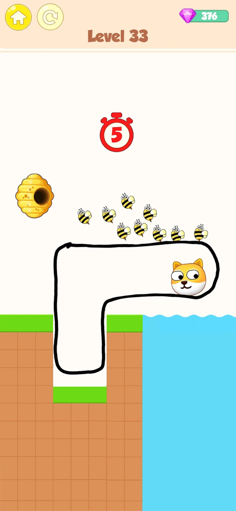 Save My Doggy - Dog Rescue - Un chien Shiba Inu protégé par une ligne dessinée à la main d'une nuée d'abeilles dans le jeu Save My Doggy.