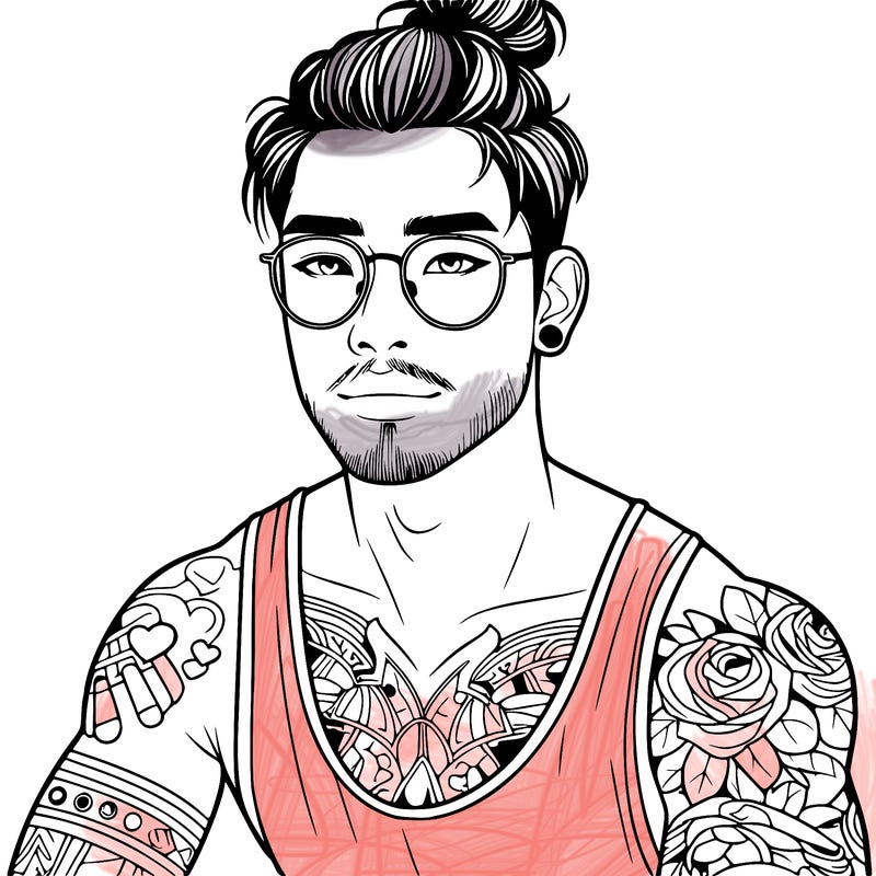 young attractive asian man with a man-bun, glasses, and tattoo's