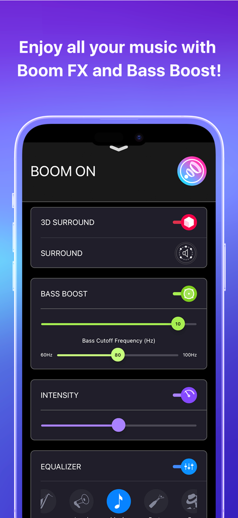 Boom app screen with 3D surround sound and bass boost controls