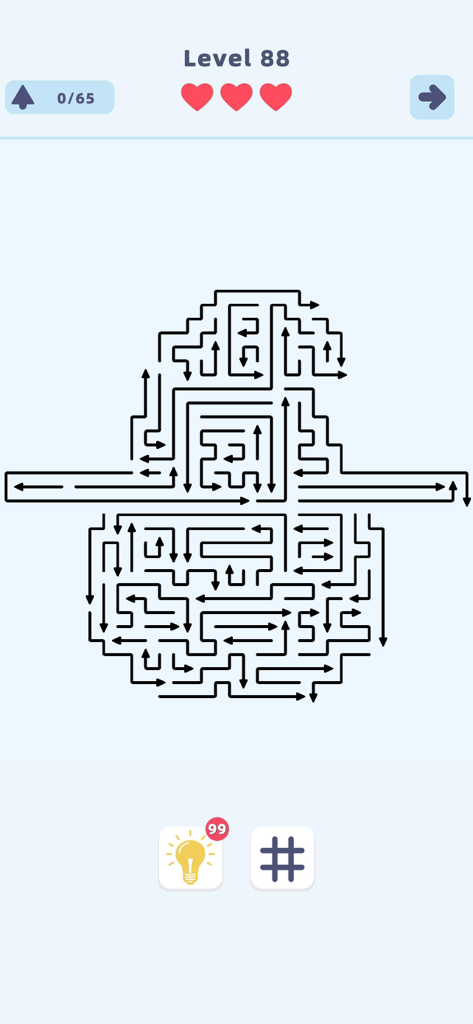 Arrow Escape - Tap Puzzle - A complex logic puzzle from Arrow Escape showing a dense formation of black arrows on a minimalist light blue background at level eighty eight.