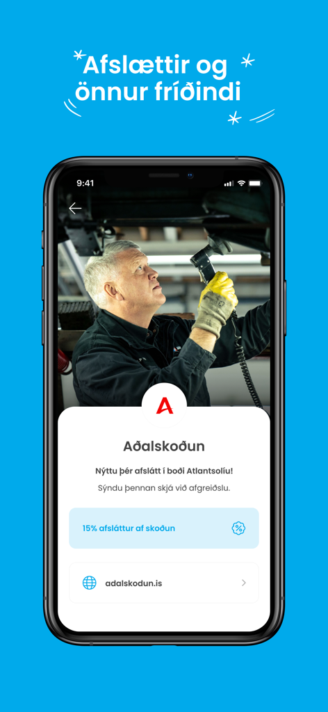 Atlantsolía - Screenshot of the Atlantsolia app showing a 15 percent discount offer for a car inspection