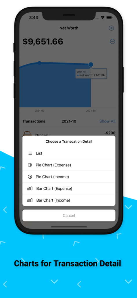 Money Tracker:Expense Tracker - Transaction detail chart selection menu in Money Tracker app.