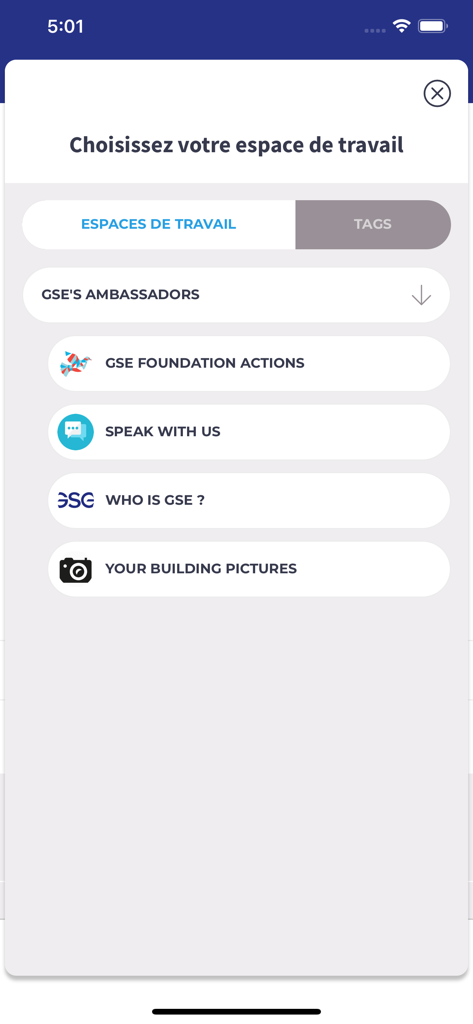 MyGSE - MyGSE app workspace selection screen