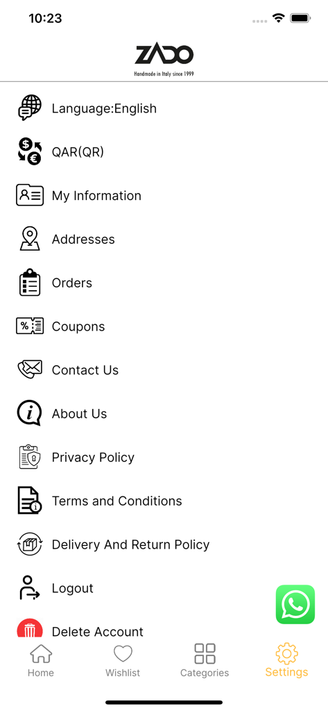 ZADO - ZADO Mobile App Einstellungsmenü mit Konto- und Richtlinienoptionen