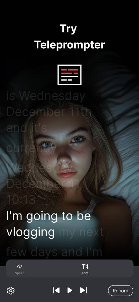 CutStory: AI Reels Editor - Teleprompter interface in CutStory app for recording social media videos with scrolling text script