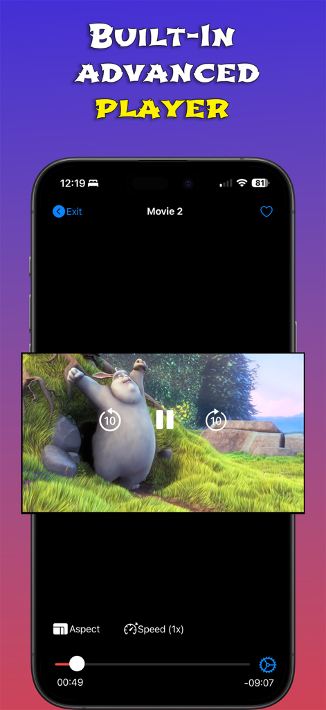 Interface du lecteur vidéo avancé Xtream IPTV Click avec des commandes de lecture et du contenu de film sur un appareil mobile.
