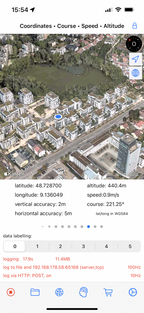 SensorLog - SensorLog app interface displaying 3D satellite map and real-time GPS sensor data including latitude and longitude