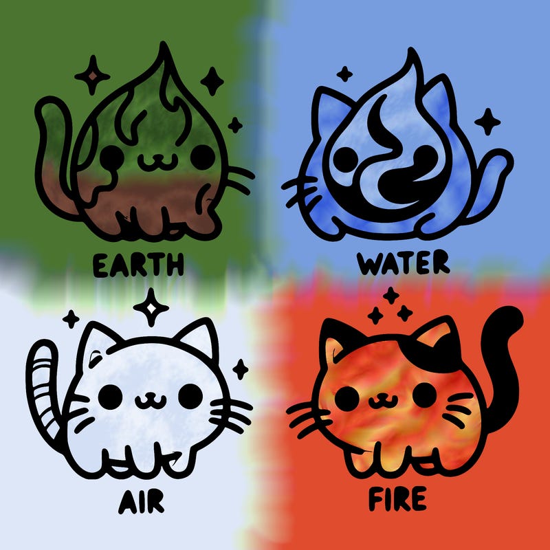 4 cats that represent the different elements, earth, water, air, and fire