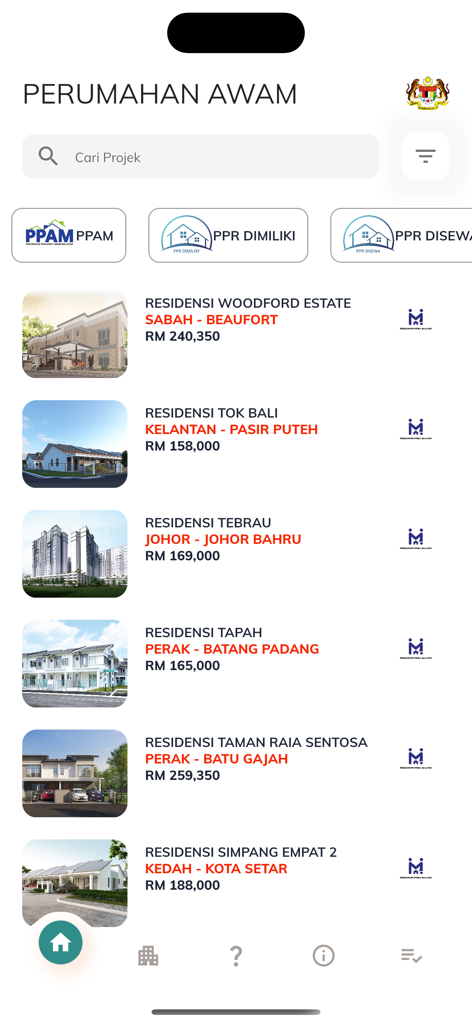 TEDUH - The TEDUH app interface displaying a list of various public housing projects in Malaysia with prices and locations
