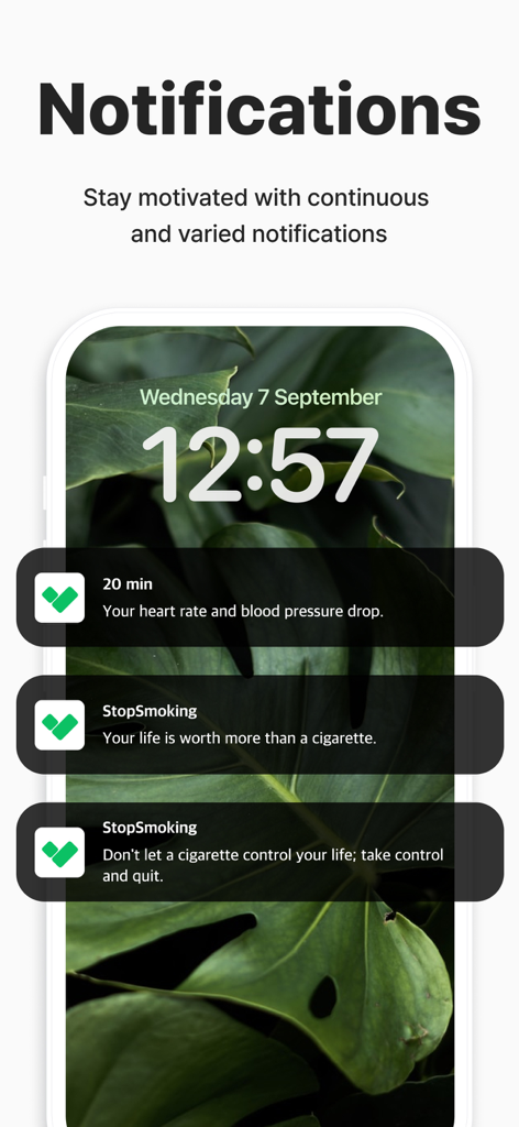 Stop Smoking - Quit Tracker - A smartphone screen displaying motivational quit smoking notifications and health progress updates.