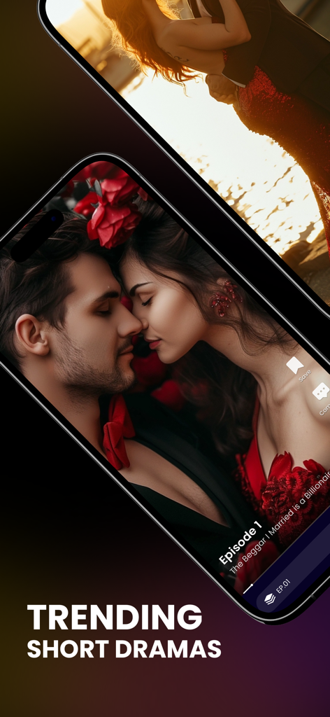 FlipTV - Watch Short Dramas - Screenshot of FlipTV app showing a romantic short drama series titled The Beggar I Married is a Billionaire