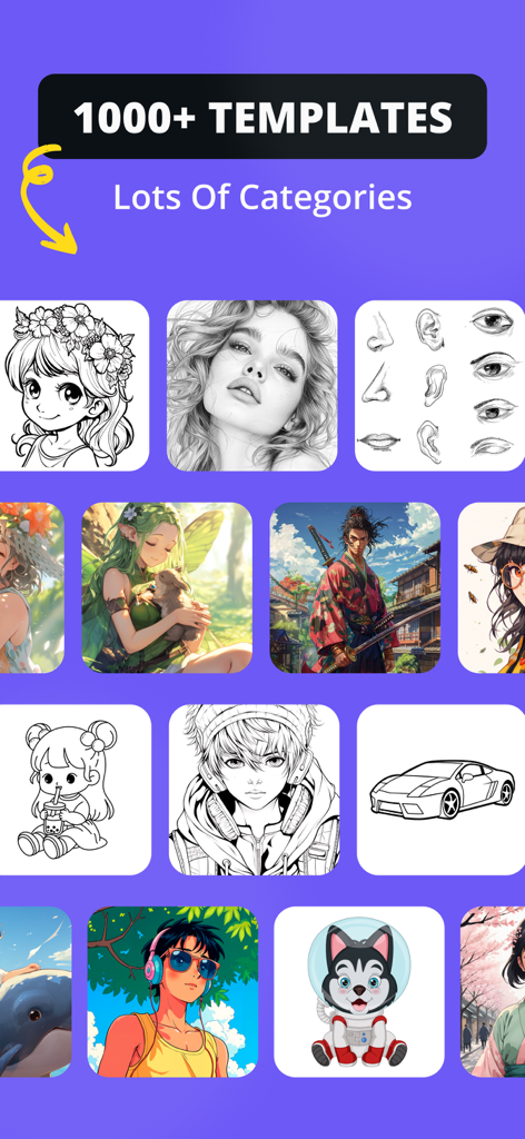 Grid of drawing templates and art categories in the Sketchify app