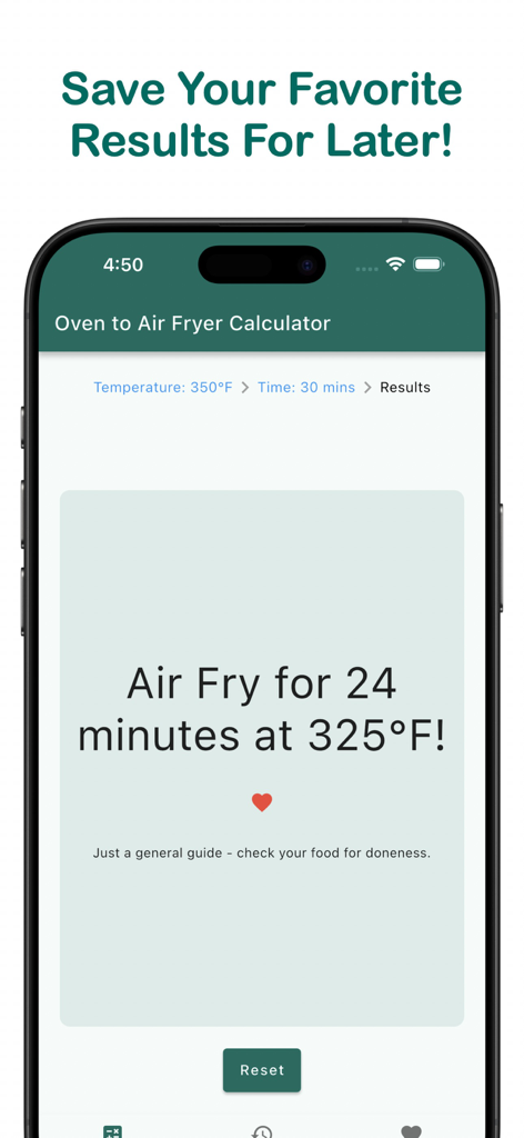 Mobile app screenshot showing air fryer conversion results for 24 minutes at 325 degrees with a heart icon to save to favorites