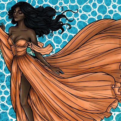 realistic woman in dress flowing the the wind