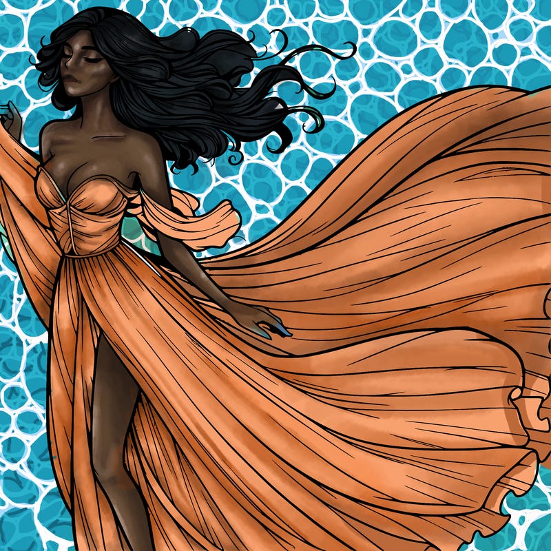 realistic woman in dress flowing the the wind