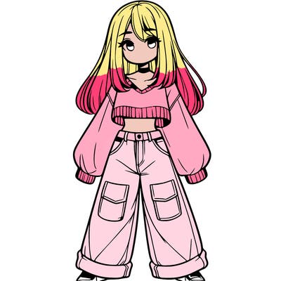 cute girl with straight hair in baggy jeans and a crop top and a sweater