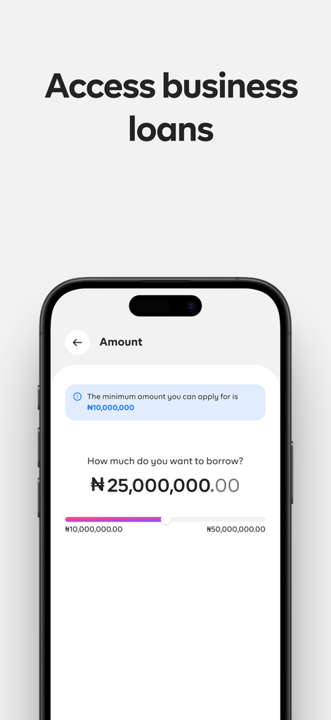 ナイラでのビジネスローンの金額を選択するためのモバイルアプリ画面