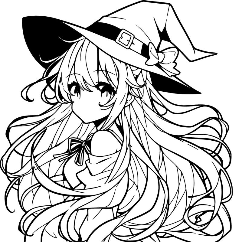 an anime girl with flowing hair, witch hat and witch
