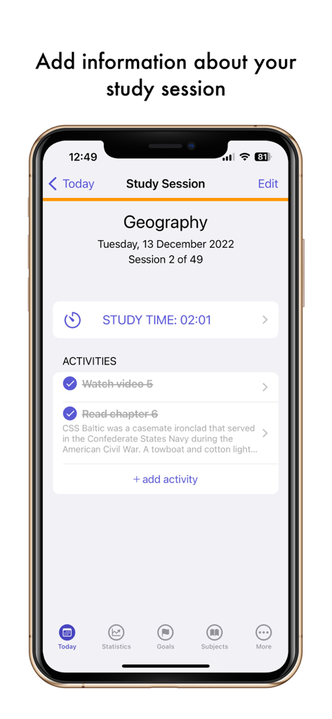 Schermata dello smartphone che mostra una sessione di studio di Geografia con un timer e una checklist delle attività nell'app Easy Study.