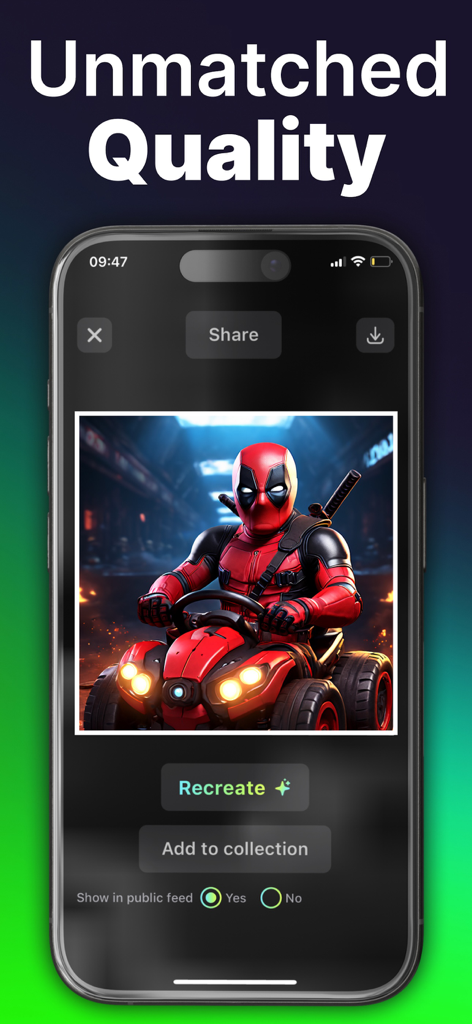 DALI AI image generator interface displaying a high quality generated superhero character on a kart with sharing options
