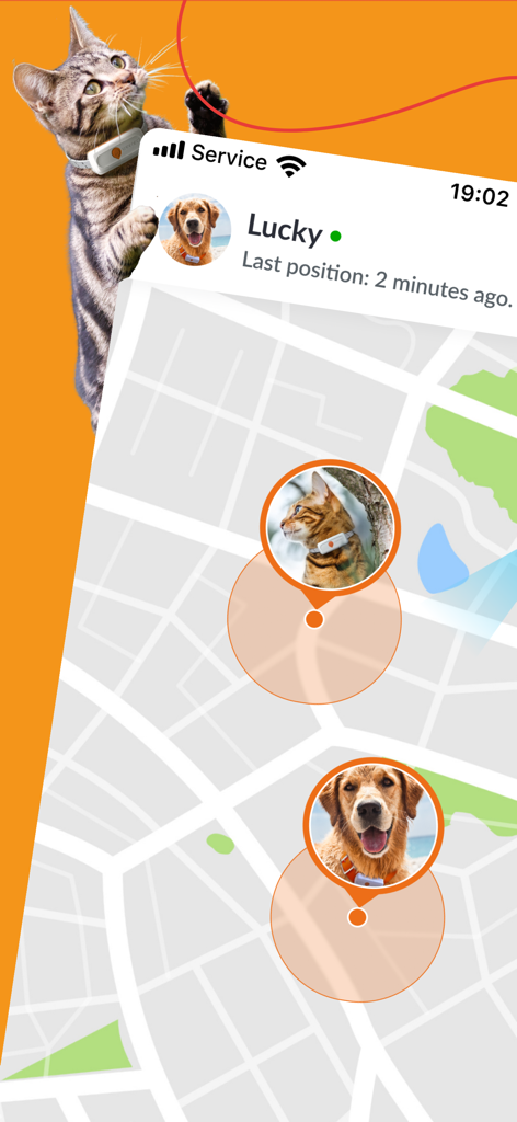 Weenect® - GPS - 犬と猫の位置を示す地図上のWeenect GPSアプリインターフェイス